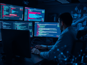 Zwei IT-Sicherheitsprofis in einem High-Tech Security Operations Center (SOC).
