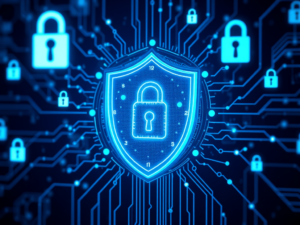 Digitale Darstellung von Cybersecurity mit einem Schutzschild, leuchtenden Netzwerkverbindungen und abstrakten Bedrohungselementen, die Zero-Day-Schwachstellen symbolisieren.