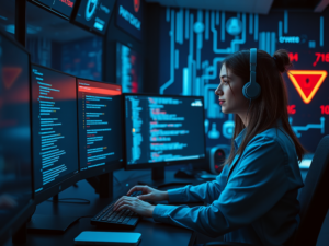 Eine weibliche Cybersecurity-Expertin in einem High-Tech Security Operations Center (SOC).